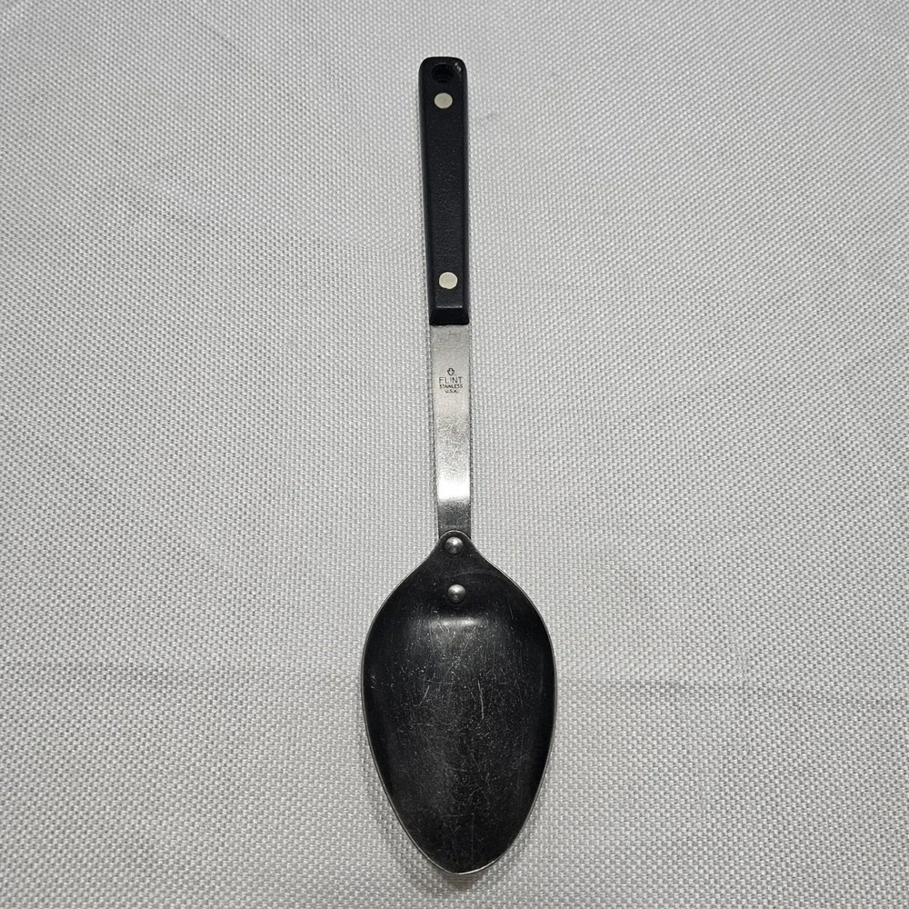Ekco Flint Stainless Steel Serving Spoon Black Riveted Handle USA Vintage 11.5in